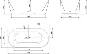 Mexen Oval Slim ελεύθερη μπανιέρα γωνιακή 170 x 80 cm, λευκή, λευκή υπερχείλιση