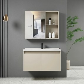 Έπιπλο Μπάνιου Κρεμαστό IDEA-1 Καθρέπτης+Πάγκος Με Νιπτήρα Και Μπαταρία Μπεζ Αλουμίνιο/PVC 55x11x60cm/60x47x45cm