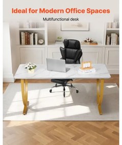 VEVOR Executive Desk, 160 cm W x 80 cm D Large Office Desk, Modern Computer Table Conference Meeting Room Table, Business Furniture Enlarged Desktop for Home Office, White and Gold