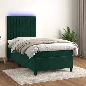 vidaXL Κρεβάτι Boxspring με Στρώμα &amp; LED Σκ. Πράσινο 80x200 εκ Βελούδο