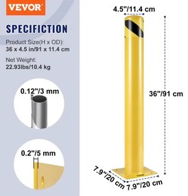 VEVOR Safety Bollard, 36 Inch Height Bollard Post, 4.5 Inch Diameter Steel Pipe Safety Bollard Post, Yellow Steel Bollard, Steel Safety Bollard with 8 Anchor Bolts, Perfect for Traffic-Sensitive Area