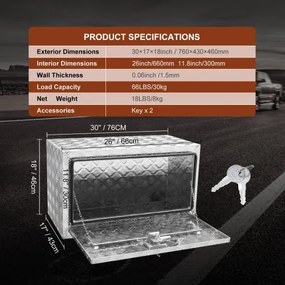 VEVOR Underbody Truck Box, 30&quot;×17&quot;×18&quot; Pickup Storage Box, Heavy Duty Aluminum Diamond Plate Tool Box with Lock and Keys, Waterproof Trailer Storage Box with T-Handle Latch for Truck, Van, Trailer