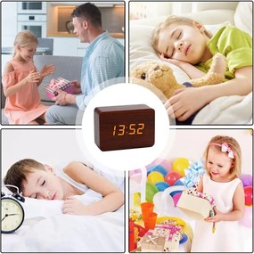 Επιτραπέζιο Ψηφιακό Ξύλινο Ρολόι με οθόνη LED, Ξυπνητήρι, Θερμόμετρο - Καφέ