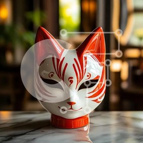 Intra Συλλεκτικό Ξύλινο Παζλ Plywood 4mm - Κόκκινη και λευκή μάσκα γάτας σε μαρμάρινη επιφάνεια Σε Ξύλινο Κουτί - Διαστάσεις: 10x10 cm – 25 κομμάτια