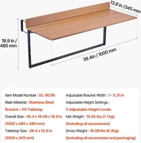 VEVOR Balcony Hanging Table 15 x 39 in Patio Railing Bar Table Adjusable