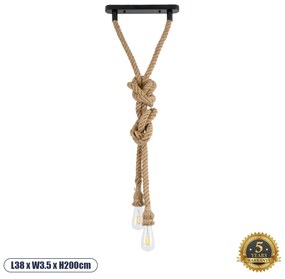 GloboStar® ROPE 01019 Vintage Industrial Κρεμαστό Φωτιστικό Οροφής Δίφωτο 2 x E27 AC220-240V IP20 - Μ38 x Π35.5 x Υ200cm - Μπεζ με 2 Μέτρα Σχοινί Τριχιά - 5 Χρόνια Εγγυηση