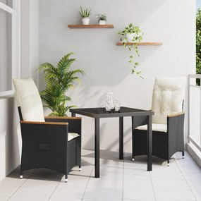 vidaXL Σετ Εξωτερικής Τραπεζαρίας 3 Τεμαχίων με Μαξιλάρια - Μαύρο Πολυ Ράττανα