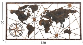 Διακοσμητικό Τοίχου Παγκόσμιος Χάρτης με Μέταλλο Χαλκίνo 120x0,1x60Yεκ.
