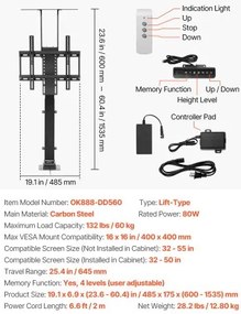 VEVOR Motorized TV Lift Stand Mount Bracket 132 lbs Load with Remote Control