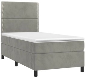 vidaXL Κρεβάτι Boxspring με Στρώμα Ανοιχτό Γκρι 90x190 εκ. Βελούδινο