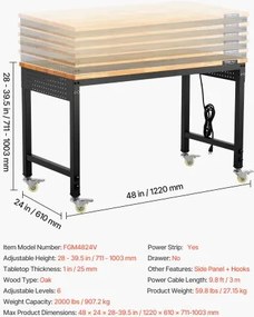 VEVOR 48" Workbench on Wheels Adjustable Height Table with Power Outlet &amp; Pegboard