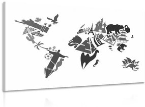 Εικόνα χάρτης του κόσμου με σύμβολα ηπείρων σε μαύρο & άσπρο - 120x80
