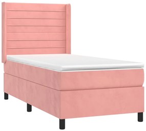 vidaXL Κρεβάτι Boxspring με Στρώμα &amp; LED Ροζ 90x200 εκ. Βελούδινο