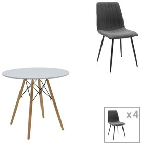 Τραπεζαρία Julita-Noor pakoworld σετ 5τεμ  MDF λευκό-ανθρακί-πόδια φυσικό Φ80x73εκ