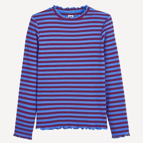 Ριγέ μακρυμάνικο T-shirt από ριμπ ύφασμα με γιακά με βολάν