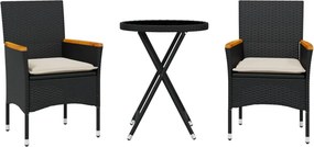 vidaXL Σετ Επίπλων Bistro 3 τεμ. Μαύρο Συνθ. Ρατάν/Γυαλί με Μαξιλάρια