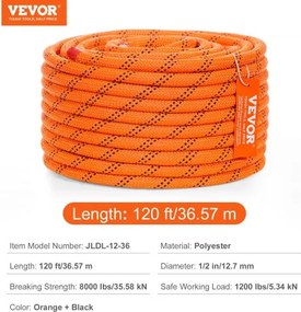 VEVOR Arborist Tree Climbing Rope Double Braid Polyester 1/2"/1,3 cm x 120'/36,6 m 48-Strand