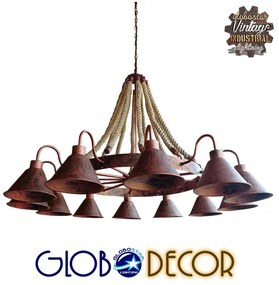 GloboStar CAMELOT 10001192 Vintage Κρεμαστό Φωτιστικό Οροφής Πολύφωτο 12 x E27 Καφέ Σκουριά Μεταλλικό Πολυέλαιος με Μπεζ Σχοινί Φ110 x Y126cm