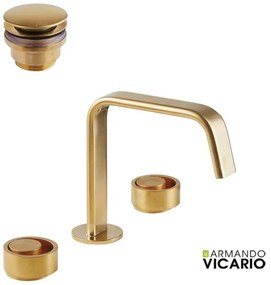 Armando Vicario Halo Gold Brushed Μπαταρία Νιπτήρος 3 οπών με βαλβίδα clic-clac+Βαλβίδα clic-clac