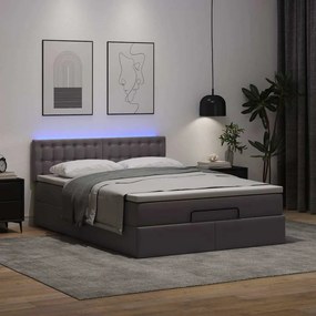 vidaXL Οθωμανικό κρεβάτι με στρώματα &amp; LEDs Γκρι Faux Leather