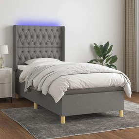 Κρεβάτι Boxspring με Στρώμα & LED Σκ.Γκρι 90x200 εκ. Υφασμάτινο
