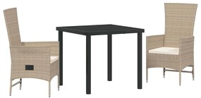 vidaXL Σέτ φαγητού για κήπο με μαξιλάρι 3 pcs Μπεζ συνθετικό ρατάν