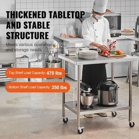 VEVOR Stainless Steel Work Table Commercial Prep Table 30x36 Inch With 4 Casters
