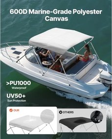 VEVOR 3 Bow Boat Bimini Tops 6 ft Long 600D Polyester Awning Canopy Light Grey