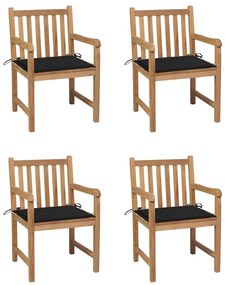 Καρέκλες Κήπου 4 τεμ. από Μασίφ Ξύλο Teak με Μαύρα Μαξιλάρια - Μαύρο