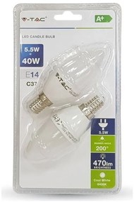 LED V-TAC Λάμπα E14 5.5W Κεράκι Blister των 2 Τεμαχίων Ψυχρό Λευκό 7293