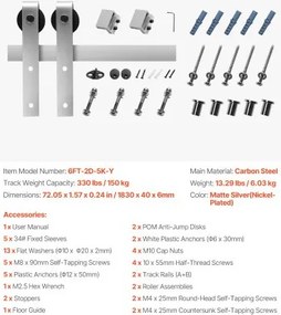 VEVOR 6FT Sliding Barn Door Hardware Kit for Single Sliding Barn Door Silver