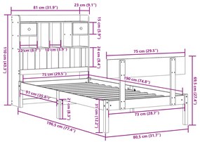 Κρεβάτι Βιβλιοθήκη Χωρίς Στρώμα Λευκό 75x190 εκ Μασίφ Πεύκο - Λευκό