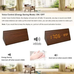 Ξύλινο Τριγωνικό Ψηφιακό Ρολόι με οθόνη LED, Ξυπνητήρι, Θερμόμετρο - Καφέ