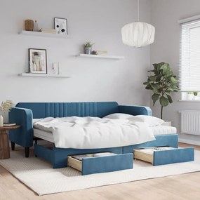 vidaXL Καναπές Κρεβάτι Συρόμενος Μπλε 90x200 εκ. Βελούδινος & Συρτάρια