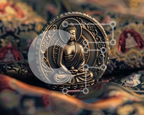 Intra Συλλεκτικό Ξύλινο Παζλ Plywood  4mm - Χρυσό νόμισμα του Βούδα σε ύφασμα με περίτεχνα σχέδια Σε Ξύλινο Κουτί - Διαστάσεις Puzzle: 10x10 cm – 25 κομμάτια