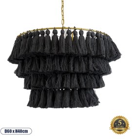 02091 GloboStar® MISSOULA 02091 Boho Κρεμαστό Φωτιστικό Σχοινί Μονόφωτο 1 x E27 IP20 Μαύρο Ύφασμα με Χρυσό Μέταλλο - Μ60 x Π60 x Υ40cm