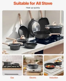 VEVOR 19 Piece Pots and Pans Set Granite Nonstick Kitchen Cookware Black