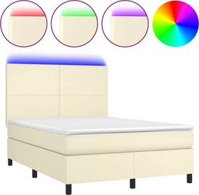 vidaXL Κρεβάτι Boxspring με Στρώμα &amp; LED Κρεμ 140x190 εκ. Συνθ. Δέρμα