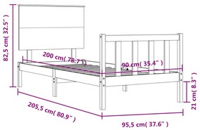 Πλαίσιο Κρεβατιού με Κεφαλάρι Μαύρο 90x200 εκ. Μασίφ Ξύλο - Μαύρο