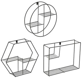 Inart S/3 Σετ Ραφιέρα Τοίχου Ξύλινη/Μεταλλική 3 Σχέδια Μαύρο/Natural Φ36Χ10