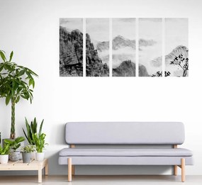 Εικόνα 5 μερών παραδοσιακή κινέζικη ζωγραφική τοπίων σε ασπρόμαυρο - 100x50