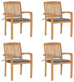 Καρέκλες Κήπου Στοιβαζόμενες 4 τεμ. Μασίφ Ξύλο Teak &amp; Μαξιλάρια - Γκρι