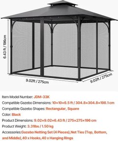 VEVOR Replacement Mesh Gazebo Netting Screen for 10x10x 6.5 ft Patio, Net Only