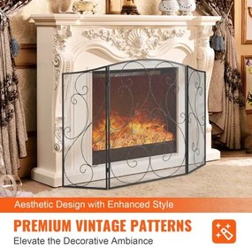 VEVOR Fireplace Screen 3 Panel, Sturdy Iron Mesh Fireplace Screen, 122(L)x76.7(H)CM Spark Guard Cover, No Assembly Required, Free Standing Fireplace Fence Grate for Living Room Home Decor Vintage