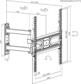 POWERTECH επιτοίχια βάση τηλεόρασης PT-1131, 32-55", έως 35kg, full motion