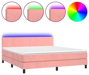 vidaXL Κρεβάτι Boxspring με Στρώμα & LED Ροζ 160x200 εκ. Βελούδινο