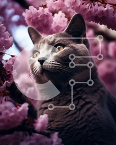 Σετ των 2 Intra Συλλεκτικό Ξύλινο Παζλ Plywood  4mm - Γκρίζα γάτα σε κλαδί δέντρου με ροζ άνθη Σε Ξύλινο Κουτί - Διαστάσεις: 10x10 cm – 25 κομμάτια