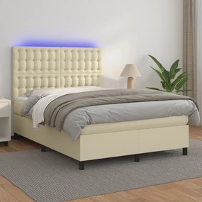 vidaXL Κρεβάτι Boxspring με Στρώμα &amp; LED Κρεμ 140x190 εκ. Συνθ. Δέρμα