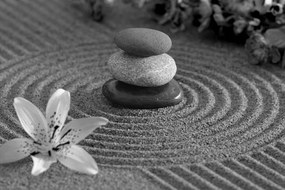Εικόνα Ζεν κήπος και πέτρες στην άμμο σε μαύρο & άσπρο