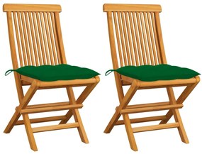 vidaXL Καρέκλες Κήπου 2 τεμ. από Μασίφ Ξύλο Teak με Πράσινα Μαξιλάρια